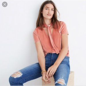Madewell Coral Velvet Tie Neck Blouse
